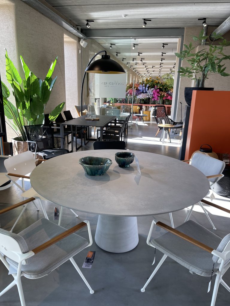 Moderne eetkamer met groot rond tafel en planten
