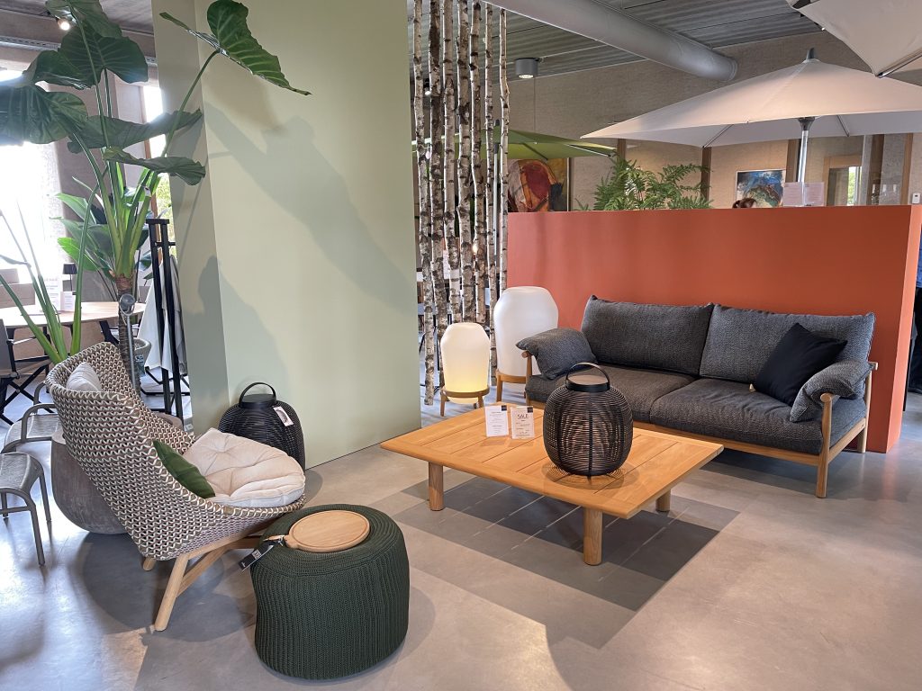 Moderne woonkamerinrichting met planten en meubels