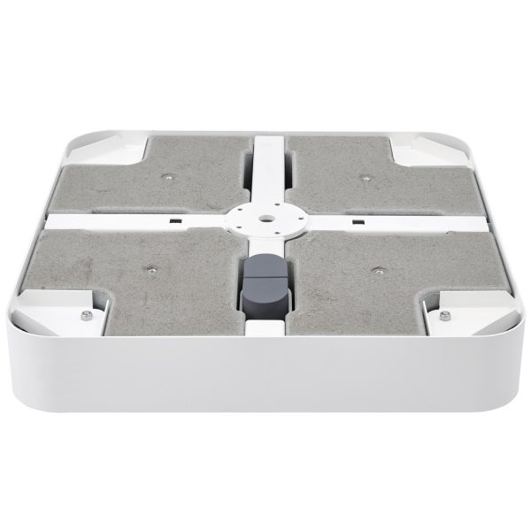 Witte metalen plaat met grijze betonnen elementen, bovenaanzicht.